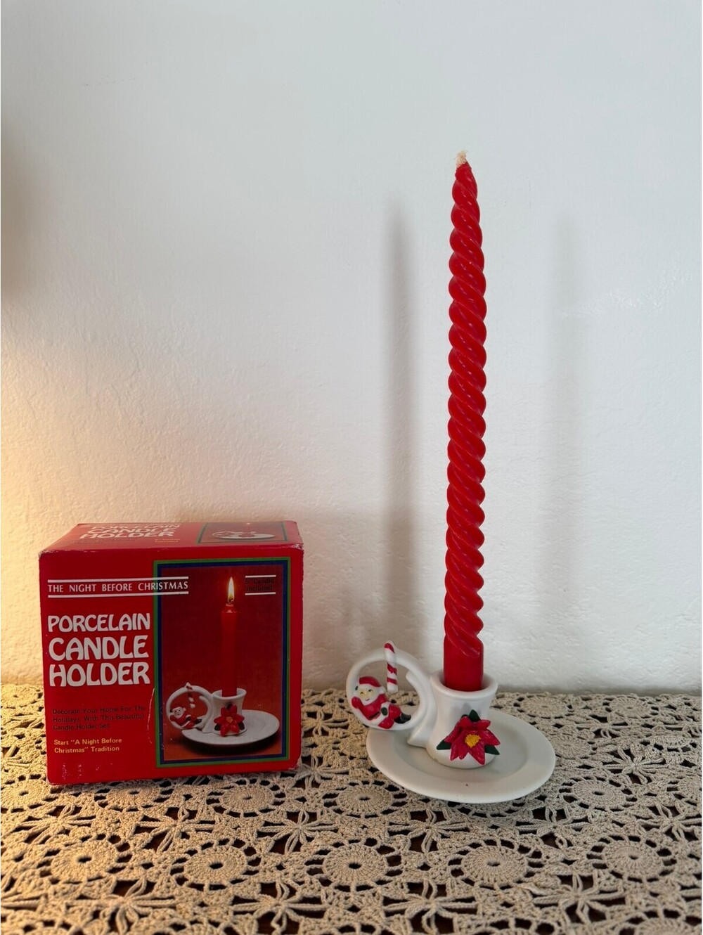 Vintage Night Before Christmas Porcelain Santa Candle Holder Poinsettia